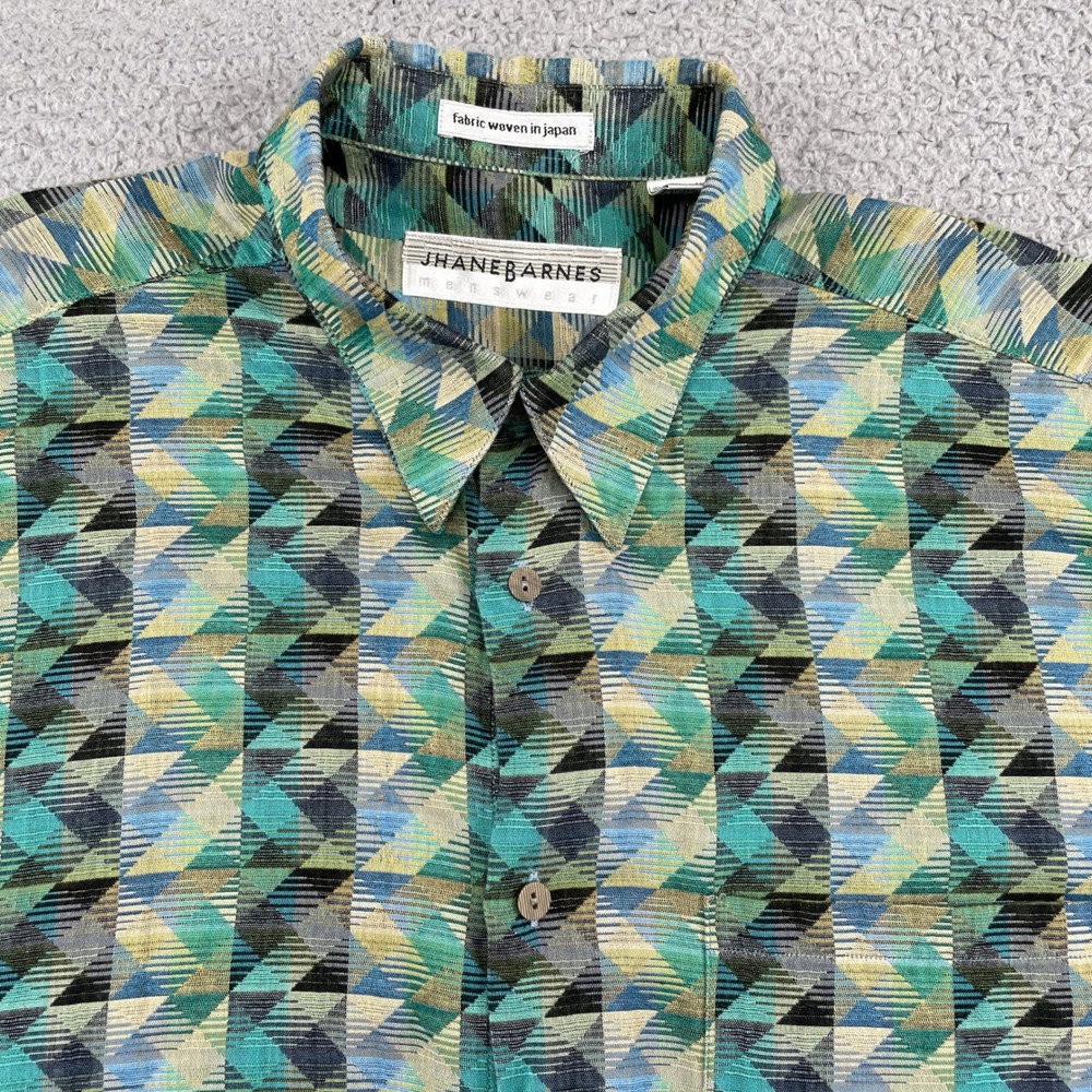 Jhane Barnes Button Down Mens L Green Geometric Triangle Woven Cotton Japan